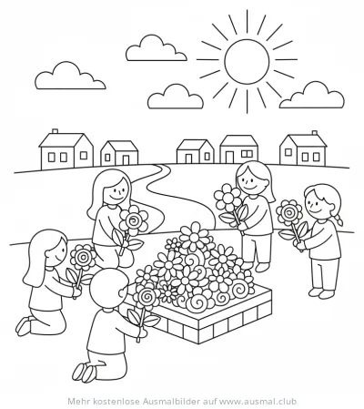 Kinder schmücken Blumenaltar Ausmalbild für Fronleichnam