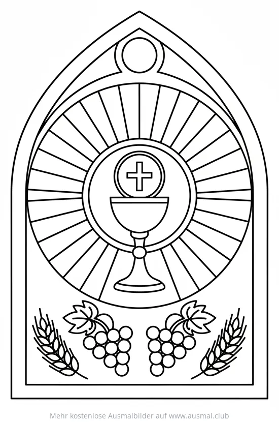Fronleichnam Kirchenfenster mit Kelch, Hostie, Ähren und Trauben Ausmalbild