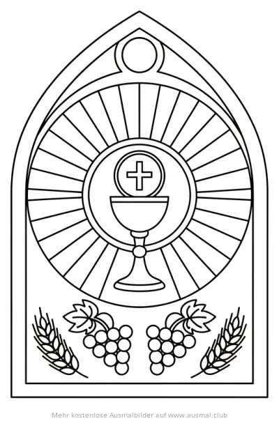 Fronleichnam Kirchenfenster mit Kelch, Hostie, Ähren und Trauben Ausmalbild