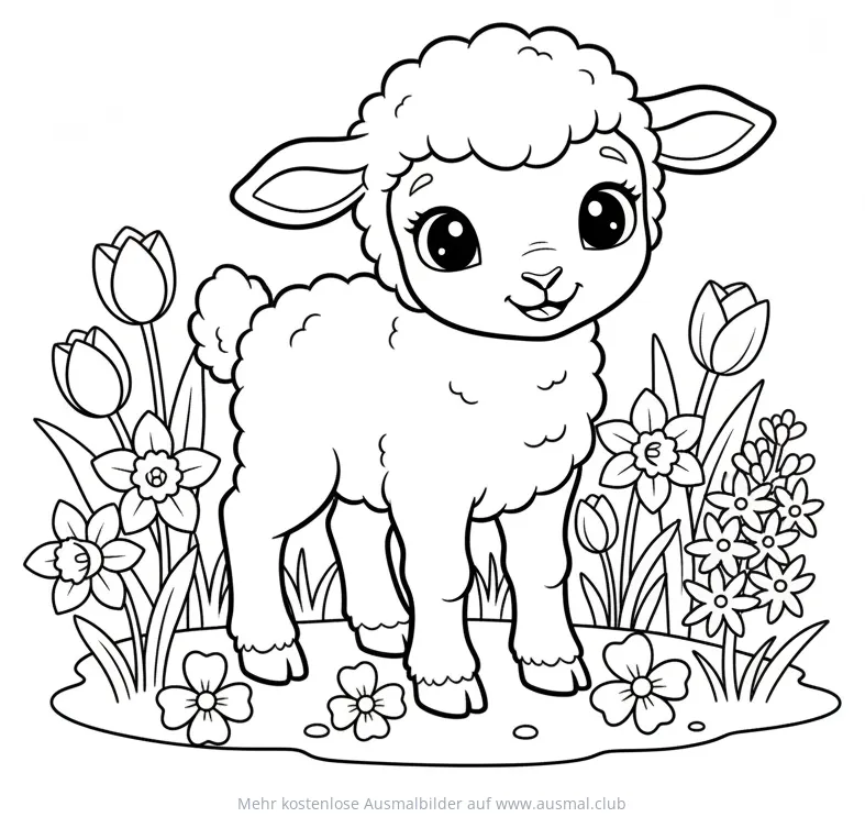 Niedliches Lamm zwischen Frühlingsblumen Ausmalbild