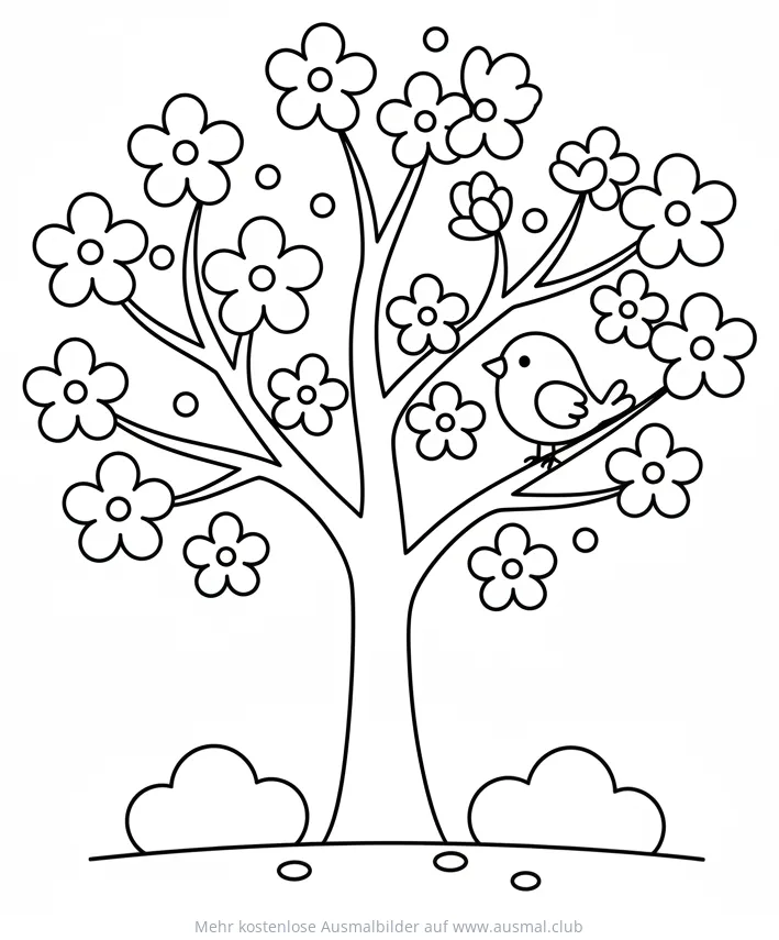 Kirschblüte mit Vogel Ausmalbild