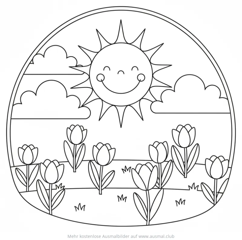Sonne mit Tulpen Ausmalbild