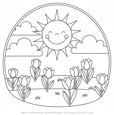 Sonne mit Tulpen Ausmalbild