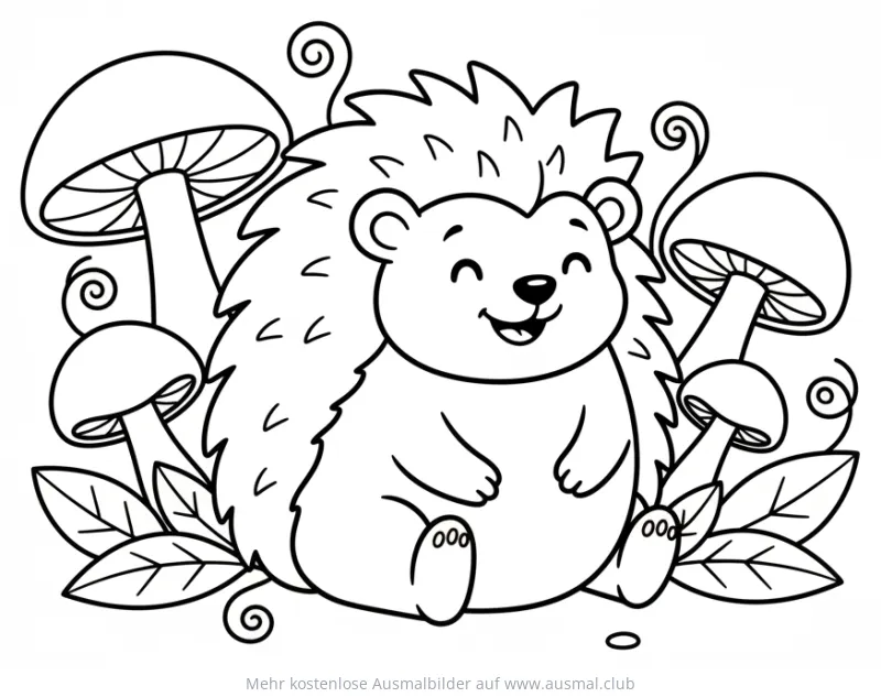 Igel Ausmalbild mit Pilzen und Blättern