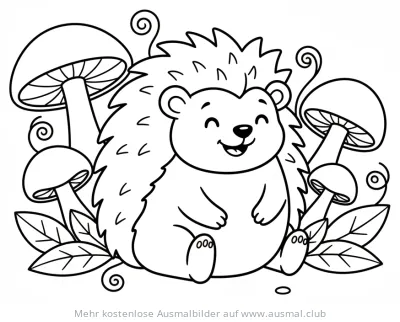 Igel Ausmalbild mit Pilzen und Blättern