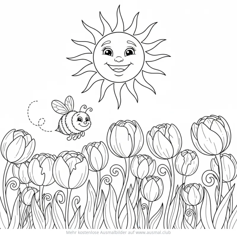 Tulpenfeld mit Biene und Sonne Ausmalbild