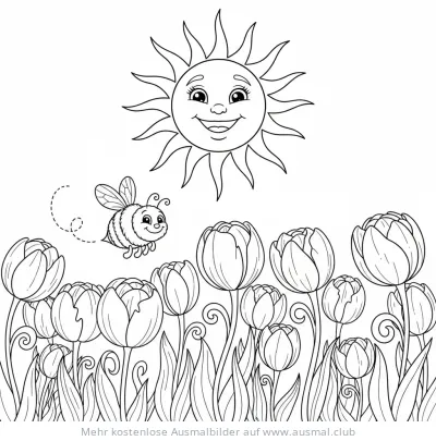Tulpenfeld mit Biene und Sonne Ausmalbild