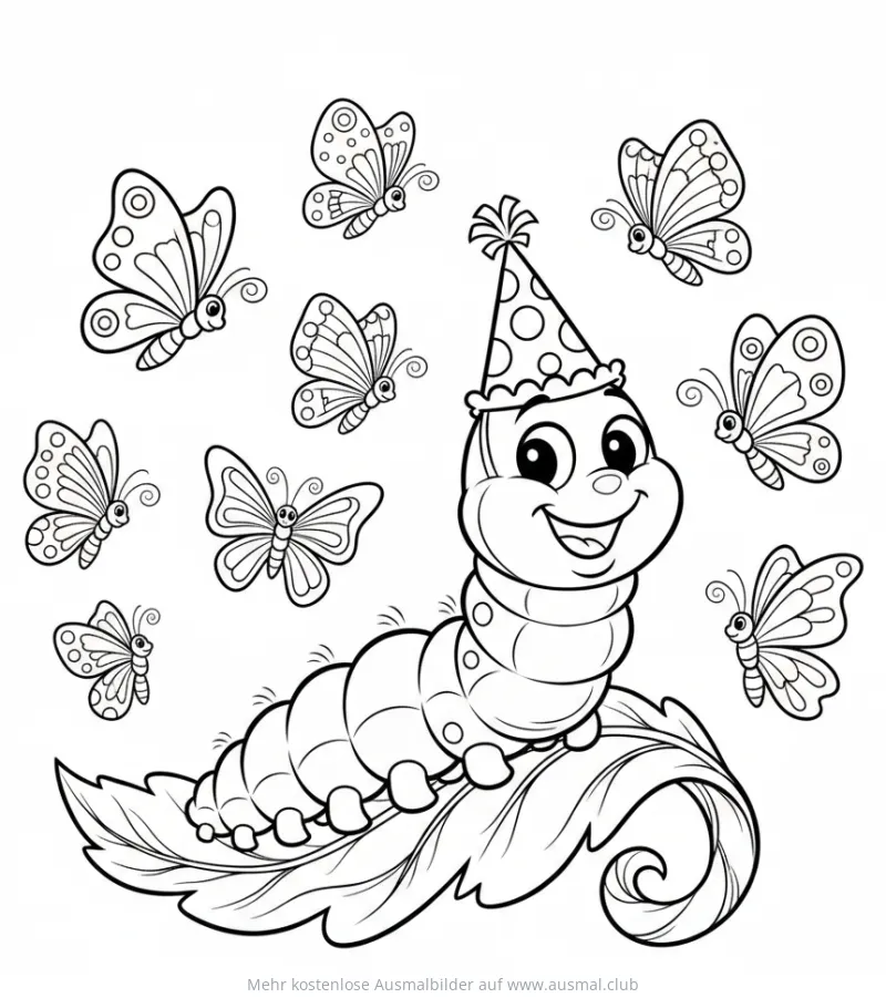 Freundliche Raupe mit Partyhut und Schmetterlinge Ausmalbild