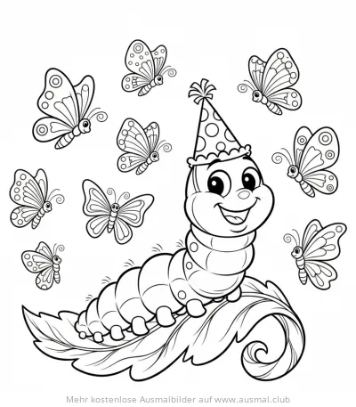 Freundliche Raupe mit Partyhut und Schmetterlinge Ausmalbild