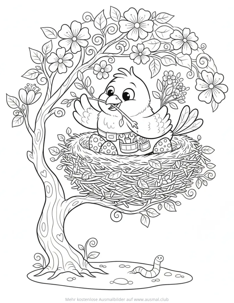Vogel im Nest Ausmalbild im blühenden Baum