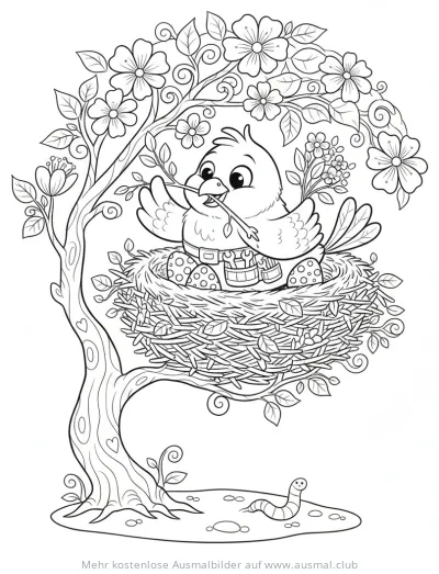Vogel im Nest Ausmalbild im blühenden Baum