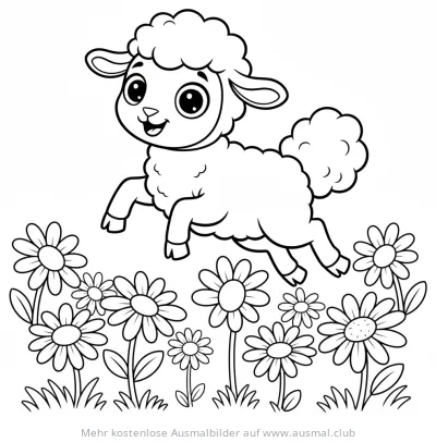 Lamm springt über Gänseblümchen Wiese Ausmalbild