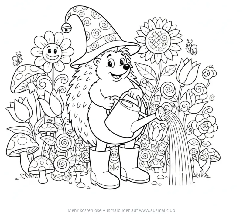 Igel mit Zauberhut gießt Blumen mit Gießkanne Ausmalbild