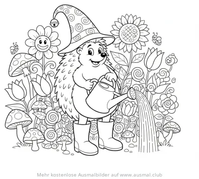Igel mit Zauberhut gießt Blumen mit Gießkanne Ausmalbild