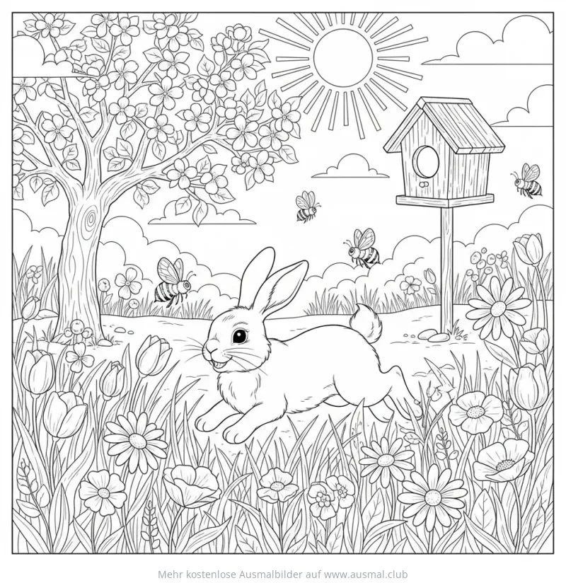 Osterhase im Frühlingsgarten mit Blumen, Bienen und Vogelhaus Ausmalbild
