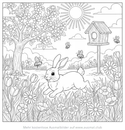 Osterhase im Frühlingsgarten mit Blumen, Bienen und Vogelhaus Ausmalbild