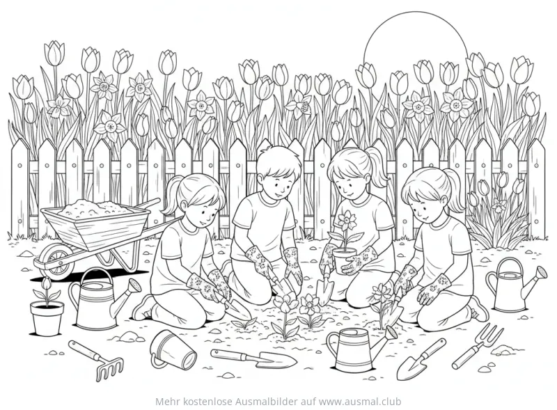 Kinder pflanzen Blumen im Garten Ausmalbild