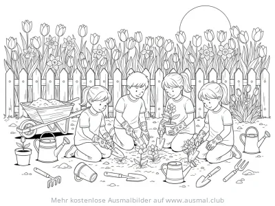 Kinder pflanzen Blumen im Garten Ausmalbild