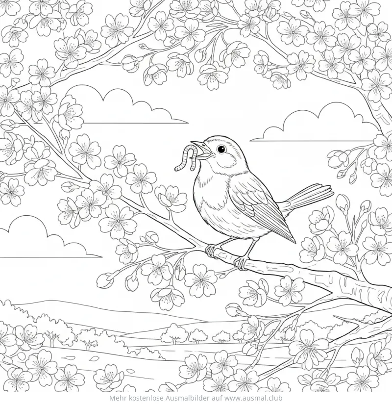 Kirschblüte mit Vogel und Wurm Ausmalbild