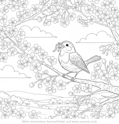 Kirschblüte mit Vogel und Wurm Ausmalbild