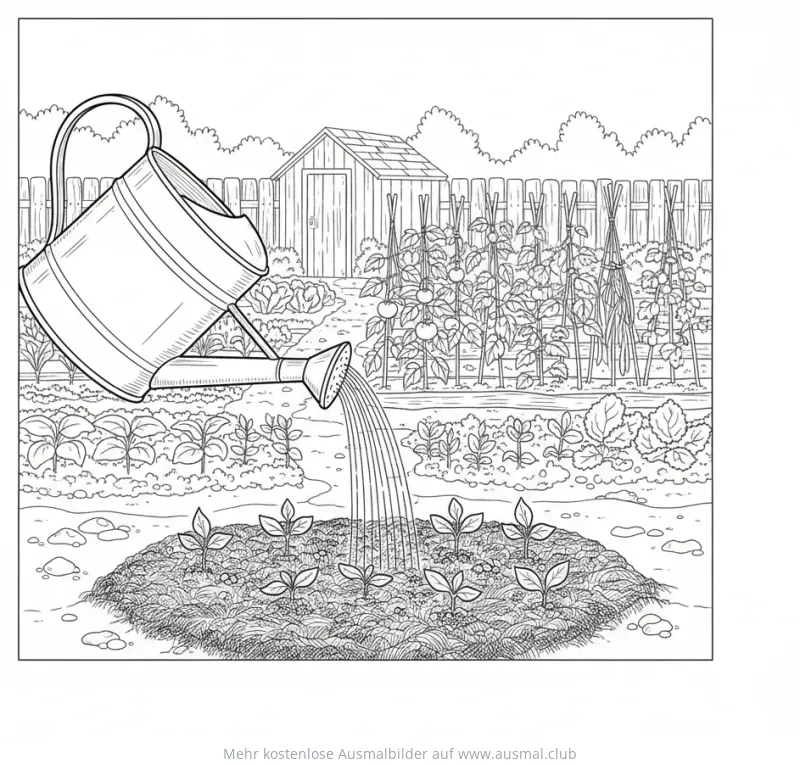 Gießkanne bewässert Samen im Garten Ausmalbild