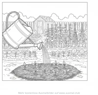 Gießkanne bewässert Samen im Garten Ausmalbild