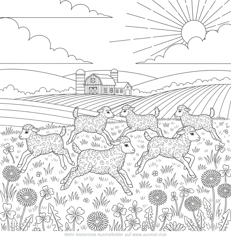 Lämmer auf Wiese vor Bauernhaus Ausmalbild