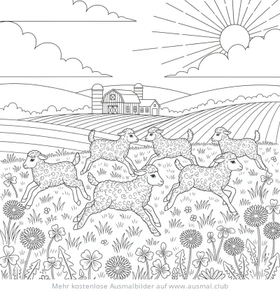 Lämmer auf Wiese vor Bauernhaus Ausmalbild