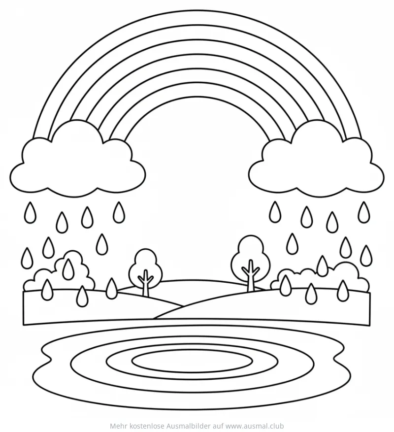 Regenbogen und Regenschauer über Landschaft Ausmalbild