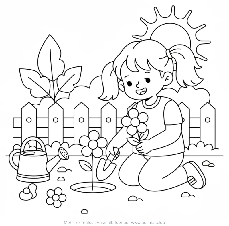 Gärtnerin pflanzt Blumen Ausmalbild