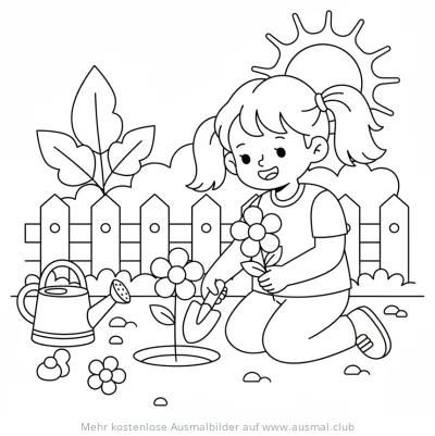 Gärtnerin pflanzt Blumen Ausmalbild