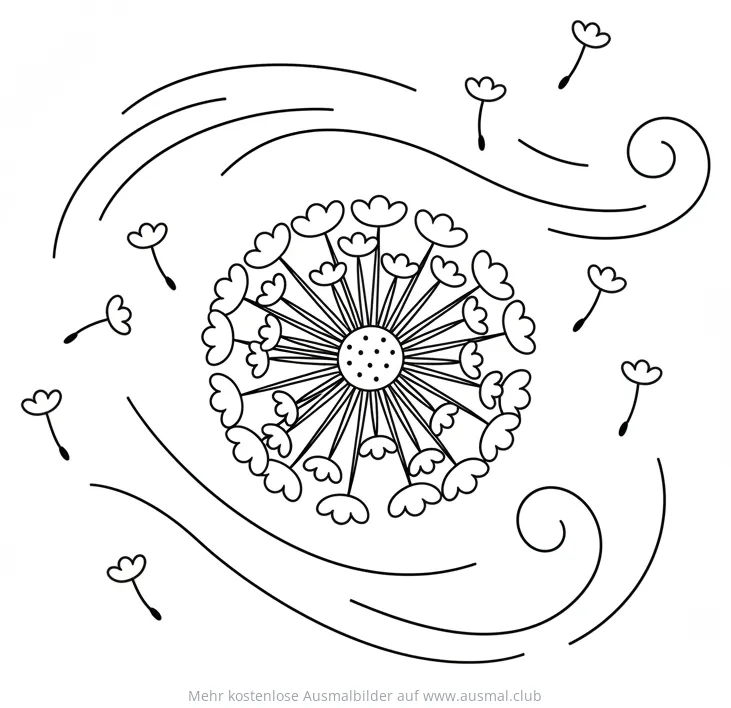 Löwenzahn Ausmalbild mit fliegenden Pusteblumen