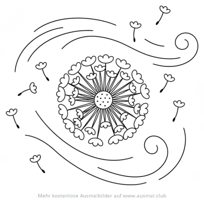 Löwenzahn Ausmalbild mit fliegenden Pusteblumen