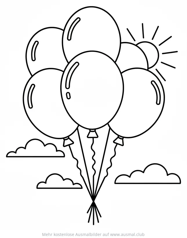 Luftballons Ausmalbild mit Wolken und Sonne