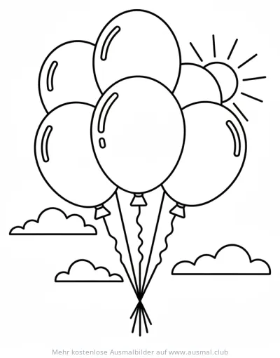 Luftballons Ausmalbild mit Wolken und Sonne