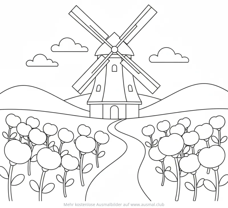Windmühle mit Blumenwiese Ausmalbild