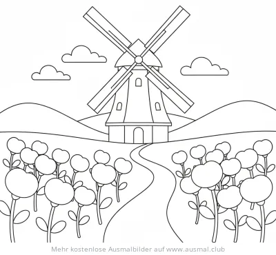 Windmühle mit Blumenwiese Ausmalbild