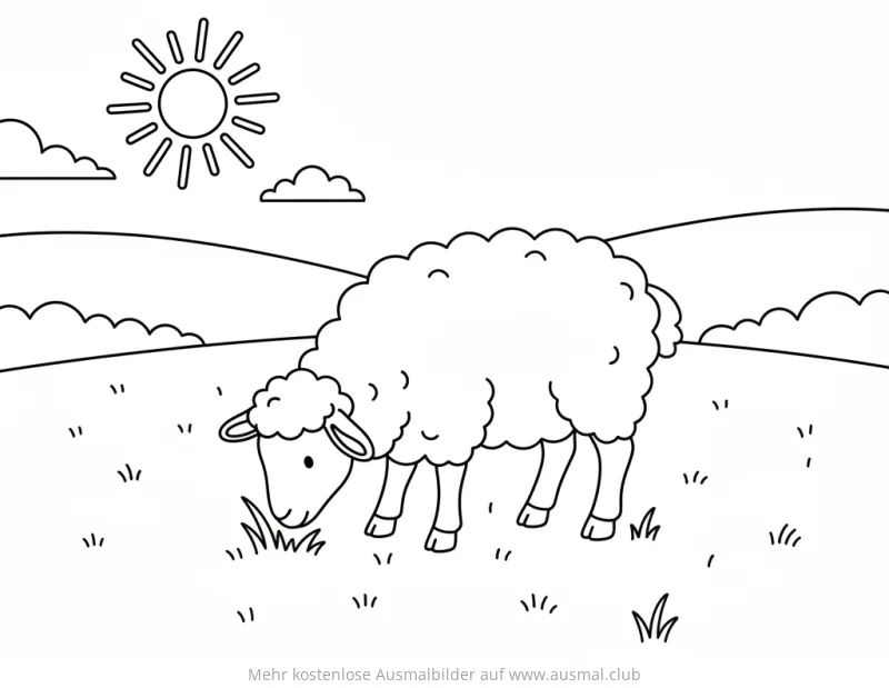 Grasendes Schaf Ausmalbild auf Wiese mit Sonne