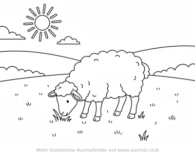 Grasendes Schaf Ausmalbild auf Wiese mit Sonne