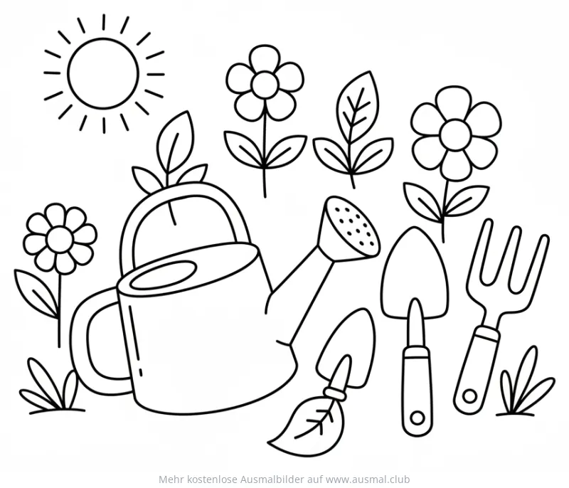 Gießkanne, Blumen und Gartengeräte Ausmalbild