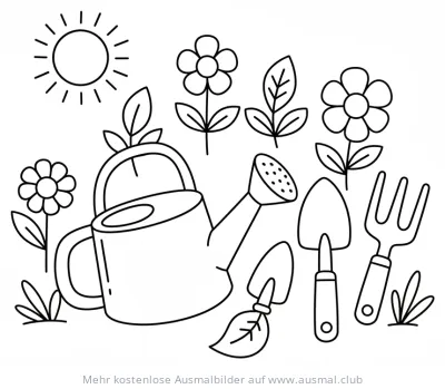 Gießkanne, Blumen und Gartengeräte Ausmalbild