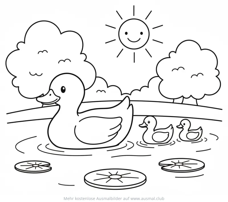 Entenfamilie mit Küken auf Teich Ausmalbild
