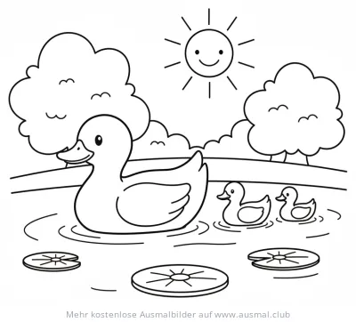 Entenfamilie mit Küken auf Teich Ausmalbild