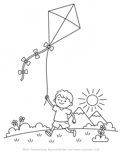 Junge mit Drachen Ausmalbild in Frühlingslandschaft