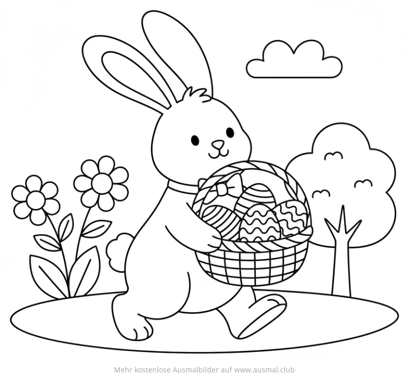 Osterhase mit Korb voller Ostereier Ausmalbild