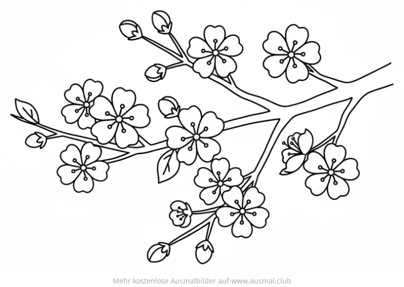 Kirschblütenzweig mit Blüten und Knospen Ausmalbild