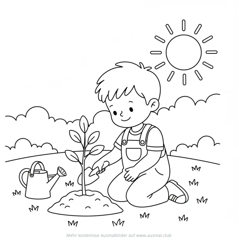 Junge pflanzt Baum Ausmalbild