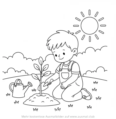 Junge pflanzt Baum Ausmalbild