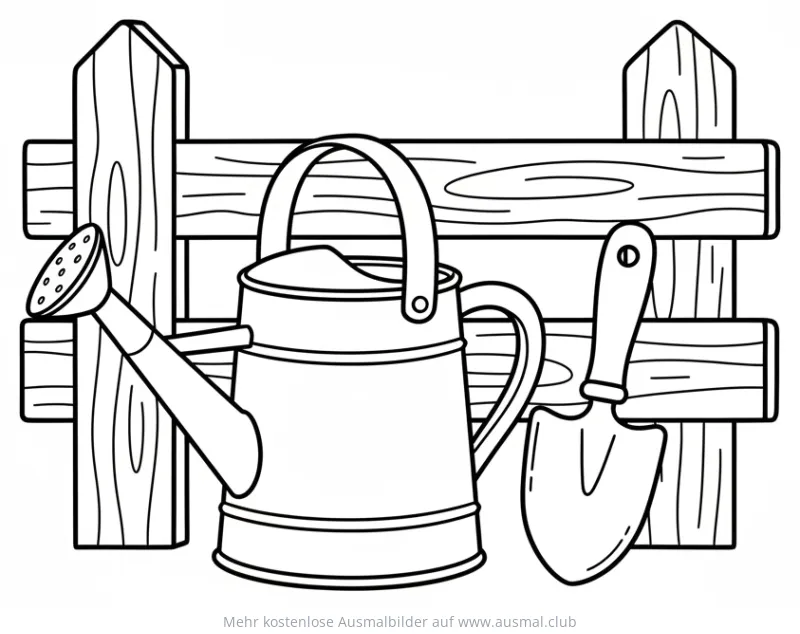 Gießkanne und Schaufel vor Gartenzaun Ausmalbild