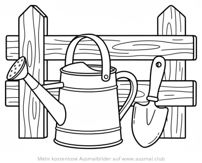 Gießkanne und Schaufel vor Gartenzaun Ausmalbild